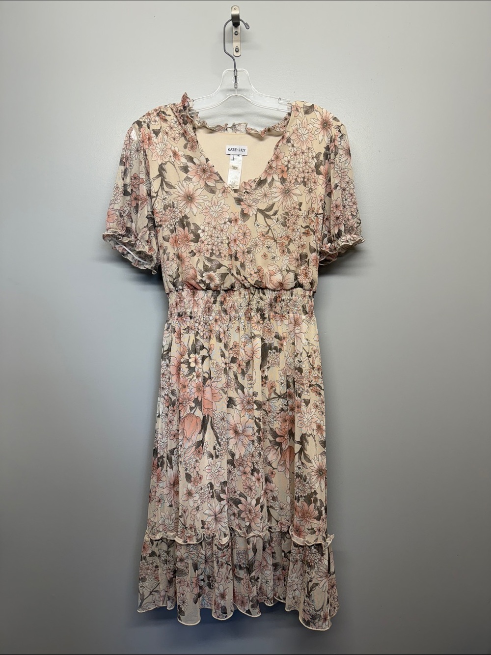 Anthropologie Kate Lily Cream Floral V-Neck Ruffle Layered Midi Dress